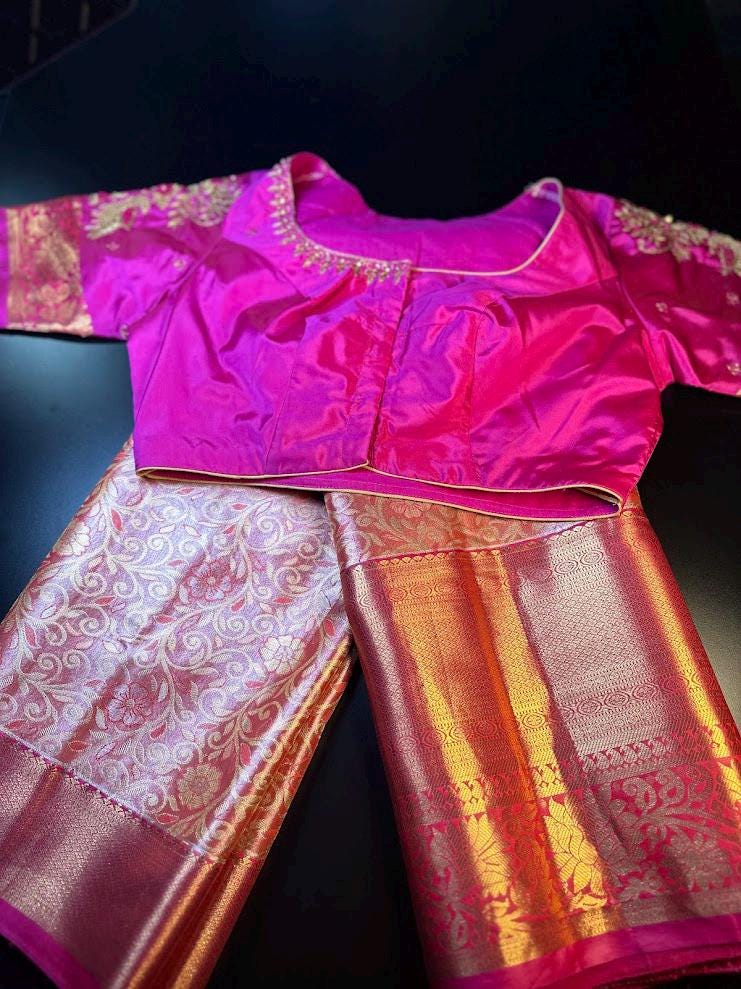 Kanjivaram Tissue Semi Silk Saree with Stitched Maggam Work Blouse |  Semi Kanchi pattu Indian Wedding Saree | Ships From USA