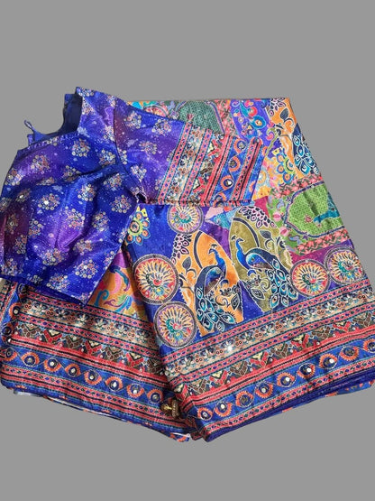 Mirror & Aari Katdana Work Chinon Silk Saree with Stitched Blouse | Wedding Party Festival Saree | Ships from USA