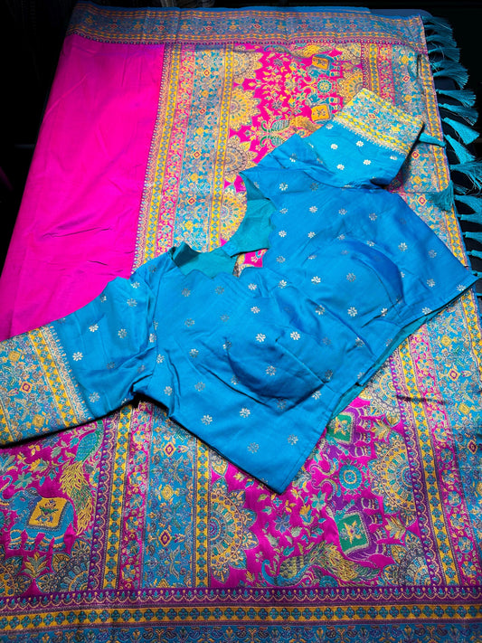 Pashmina Silk Darbari Semi Silk Blend Saree with Meenakari Zari Woven Border, Stitched Blouse, Ready to Wear,Shipping from US