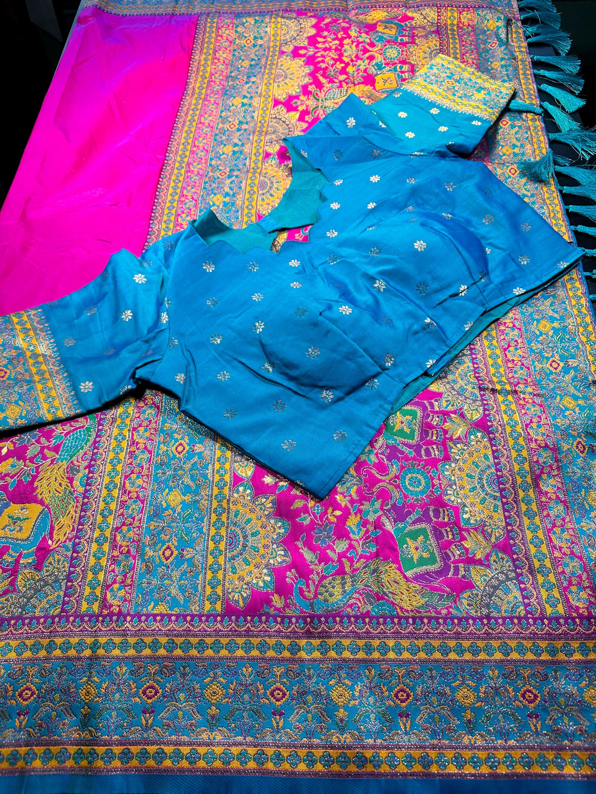Pashmina Silk Darbari Semi Silk Blend Saree with Meenakari Zari Woven Border, Stitched Blouse, Ready to Wear,Shipping from US