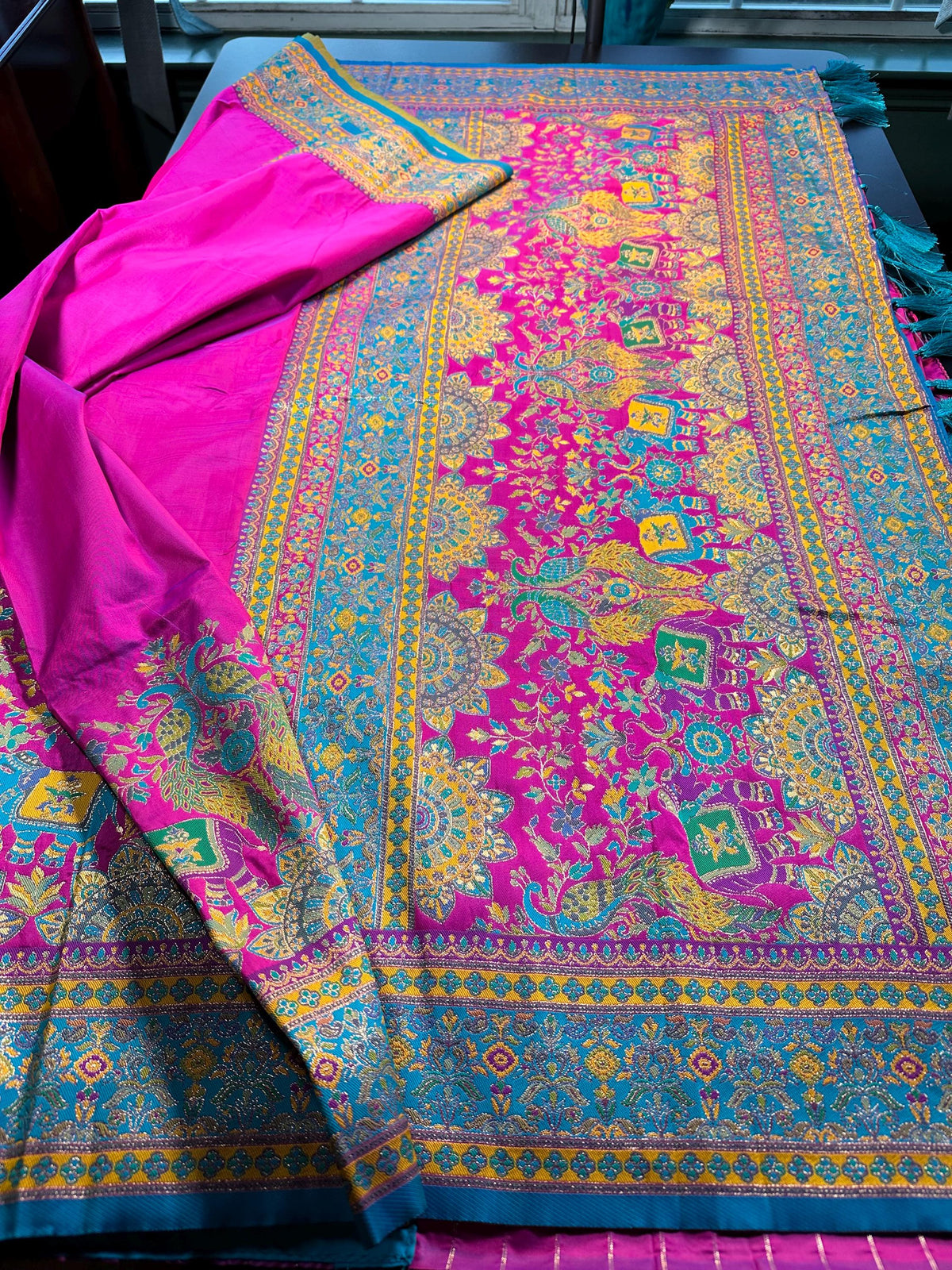 Pashmina Silk Darbari Semi Silk Blend Saree with Meenakari Zari Woven Border, Stitched Blouse, Ready to Wear,Shipping from US