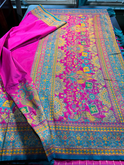 Pashmina Silk Darbari Semi Silk Blend Saree with Meenakari Zari Woven Border, Stitched Blouse, Ready to Wear,Shipping from US