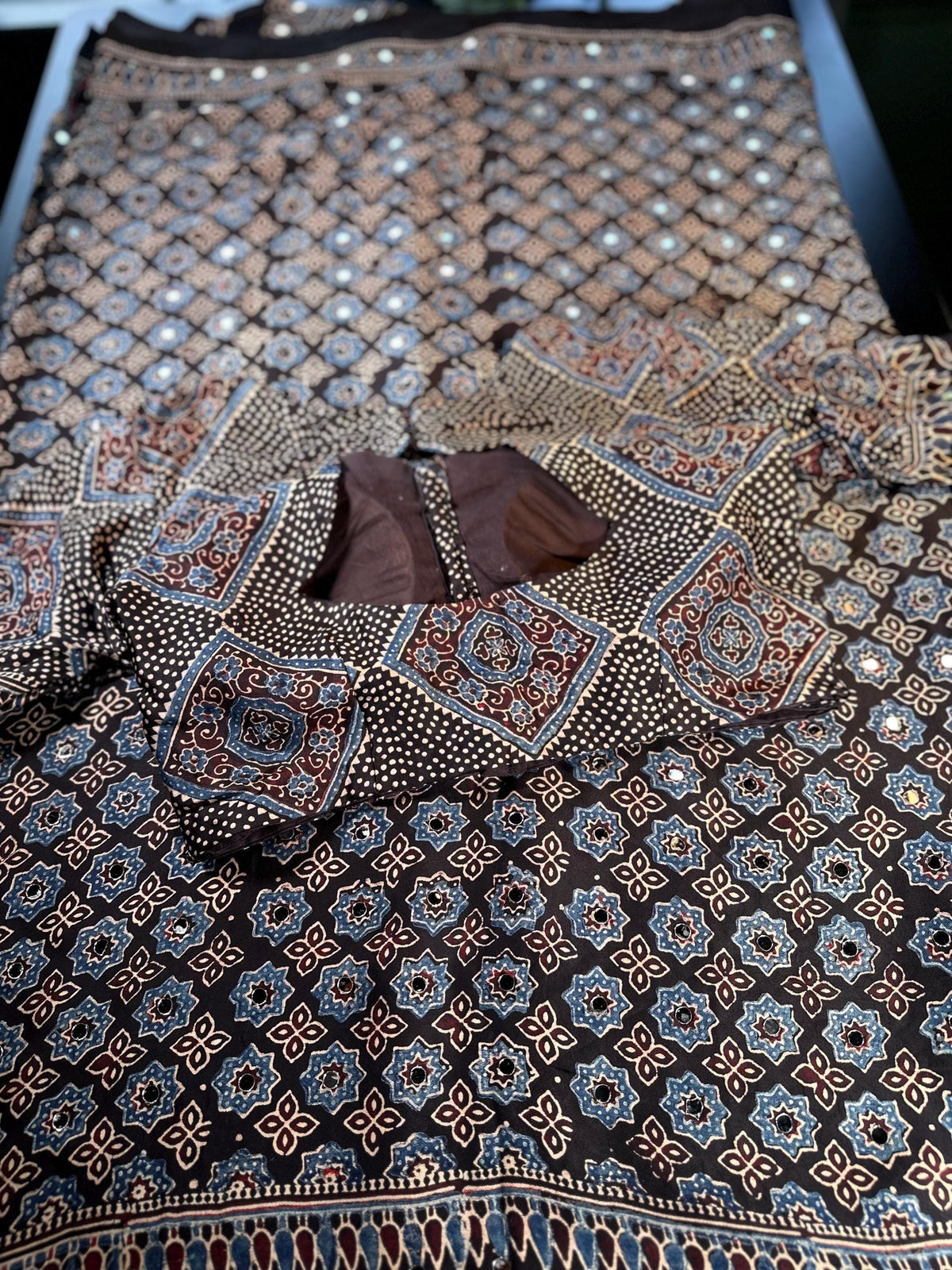 Pure Ajrakh Modal Silk Saree with Real Mirror Work Party wear | Hand Block Print Saree with Natural Dye | Stitched Blouse Ready to wear