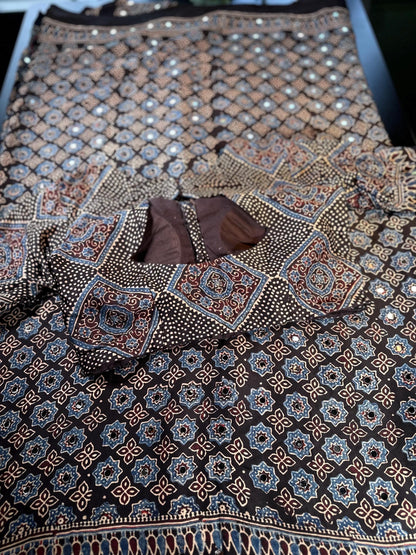 Pure Ajrakh Modal Silk Saree with Real Mirror Work Party wear | Hand Block Print Saree with Natural Dye | Stitched Blouse Ready to wear