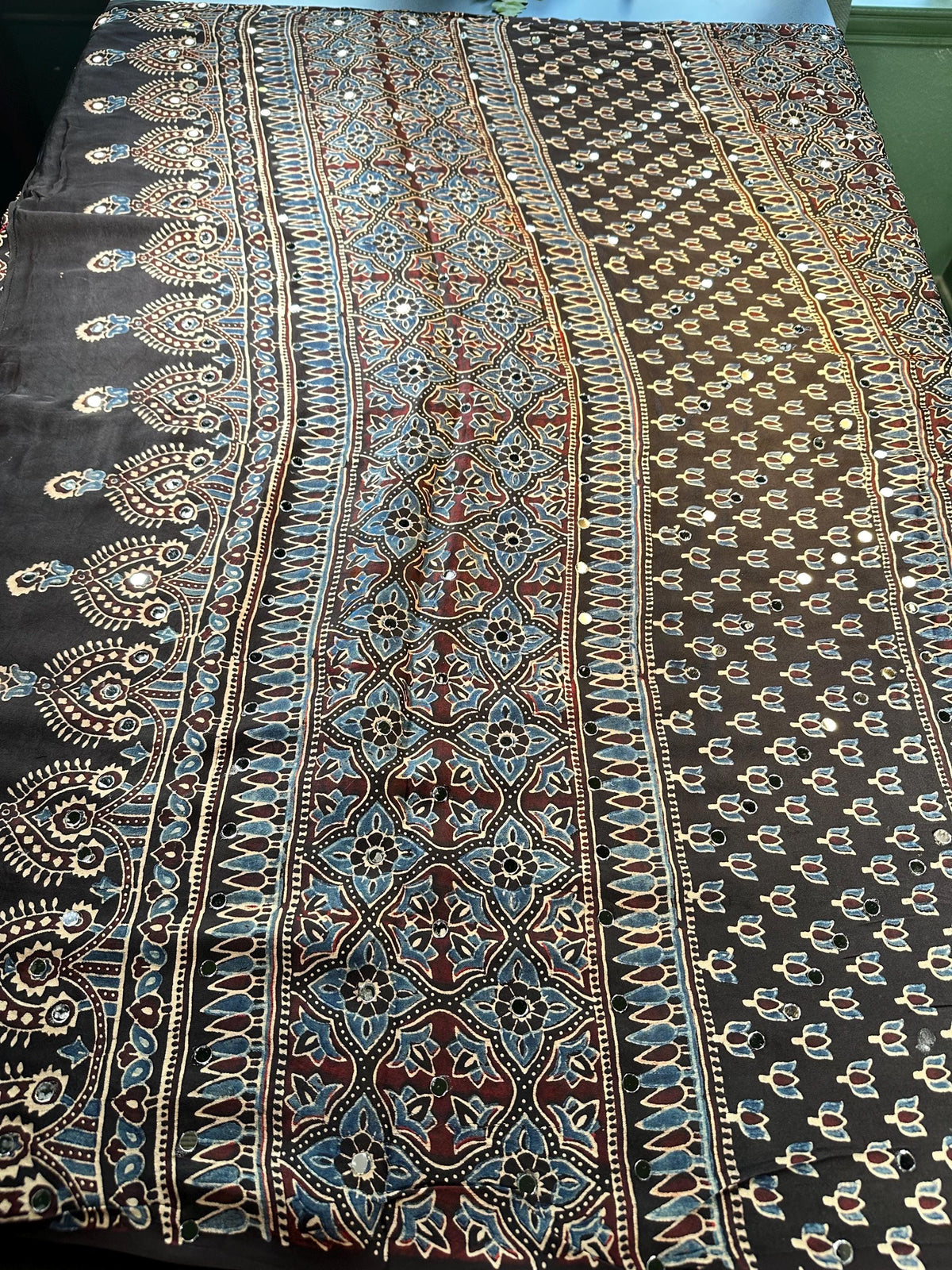 Pure Ajrakh Modal Silk Saree with Real Mirror Work Party wear | Hand Block Print Saree with Natural Dye | Stitched Blouse Ready to wear