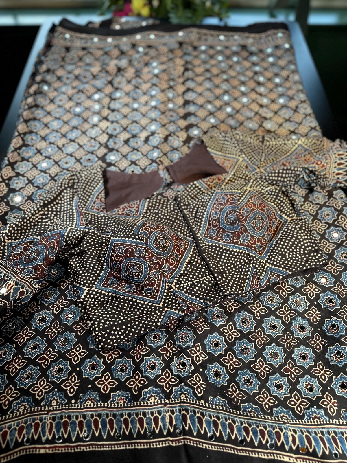 Pure Ajrakh Modal Silk Saree with Real Mirror Work Party wear | Hand Block Print Saree with Natural Dye | Stitched Blouse Ready to wear