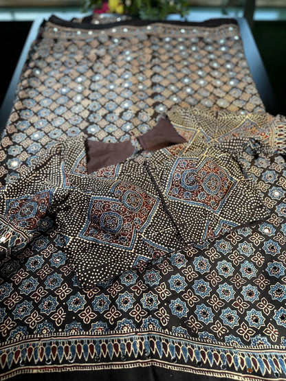 Pure Ajrakh Modal Silk Saree with Real Mirror Work Party wear | Hand Block Print Saree with Natural Dye | Stitched Blouse Ready to wear