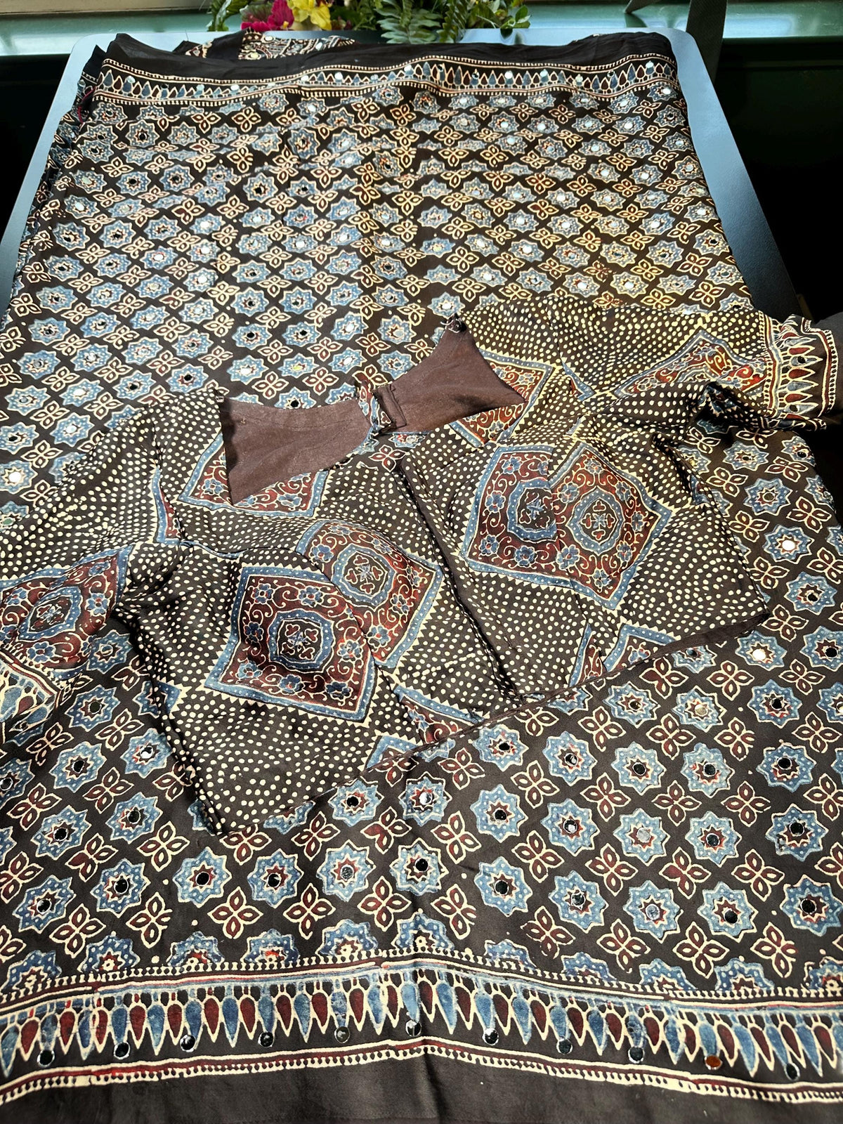 Pure Ajrakh Modal Silk Saree with Real Mirror Work Party wear | Hand Block Print Saree with Natural Dye | Stitched Blouse Ready to wear