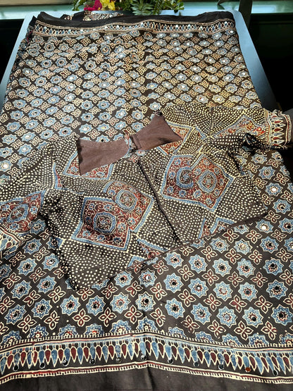 Pure Ajrakh Modal Silk Saree with Real Mirror Work Party wear | Hand Block Print Saree with Natural Dye | Stitched Blouse Ready to wear