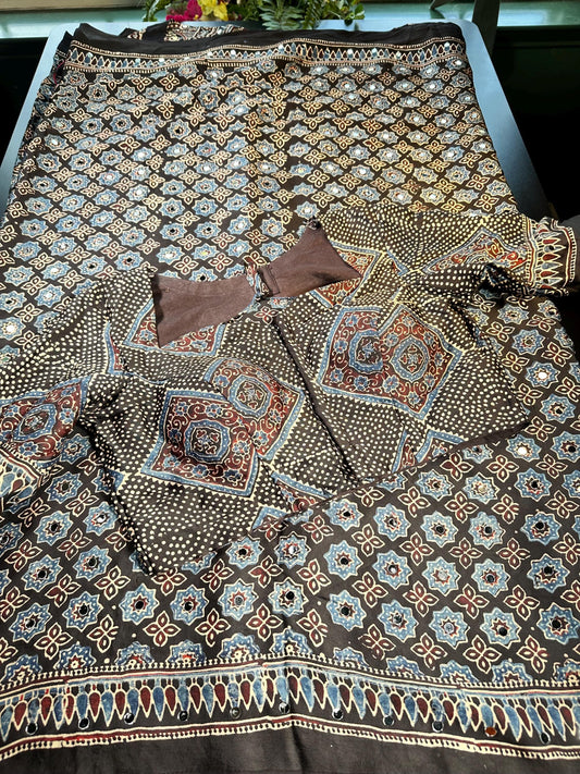 Pure Ajrakh Modal Silk Saree with Real Mirror Work Party wear | Hand Block Print Saree with Natural Dye | Stitched Blouse Ready to wear