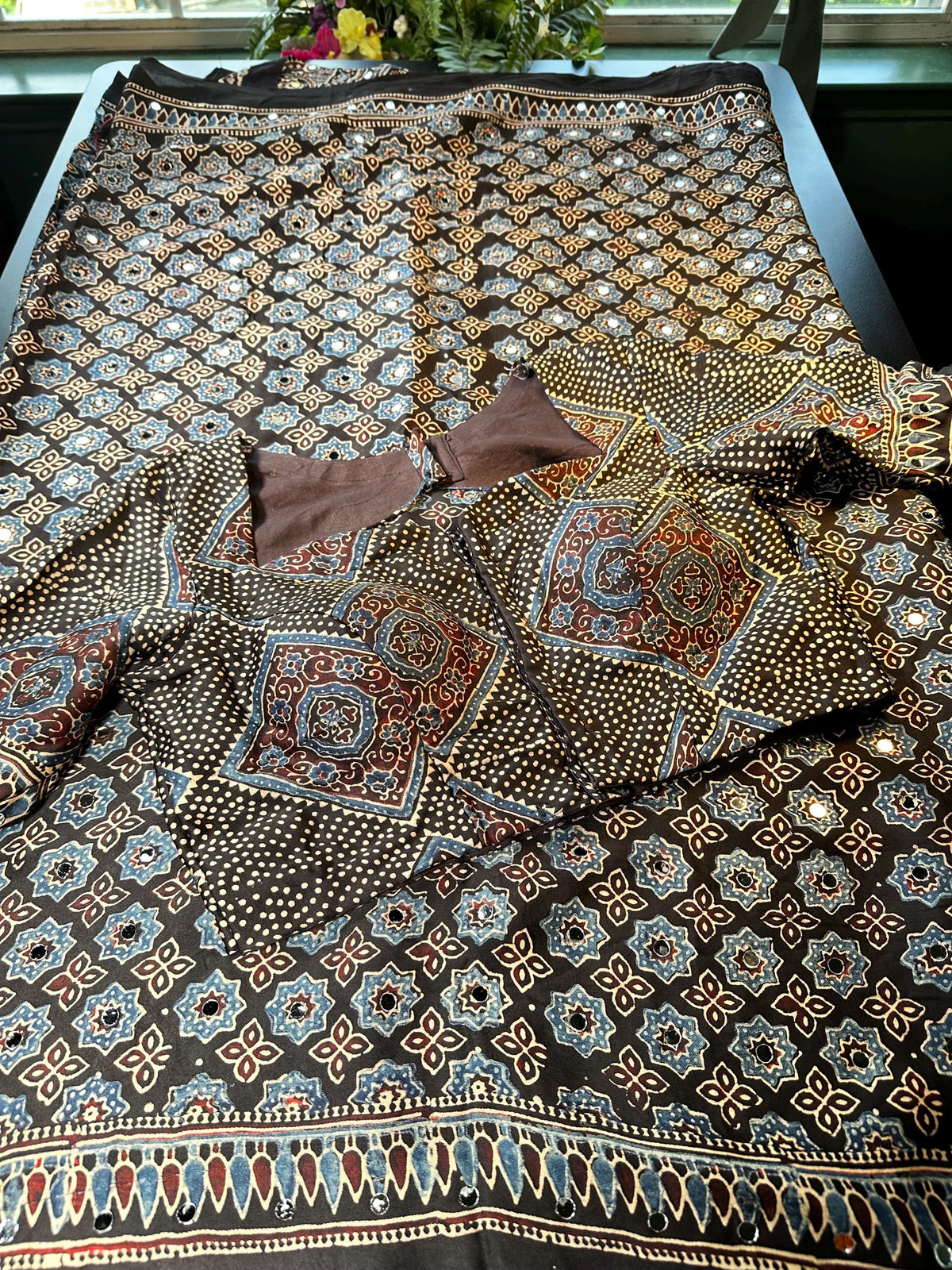 Pure Ajrakh Modal Silk Saree with Real Mirror Work Party wear | Hand Block Print Saree with Natural Dye | Stitched Blouse Ready to wear