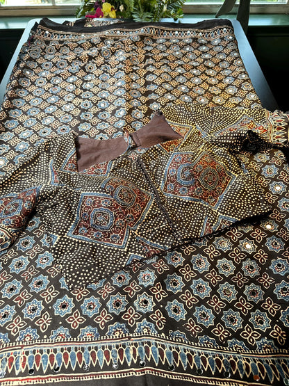 Pure Ajrakh Modal Silk Saree with Real Mirror Work Party wear | Hand Block Print Saree with Natural Dye | Stitched Blouse Ready to wear