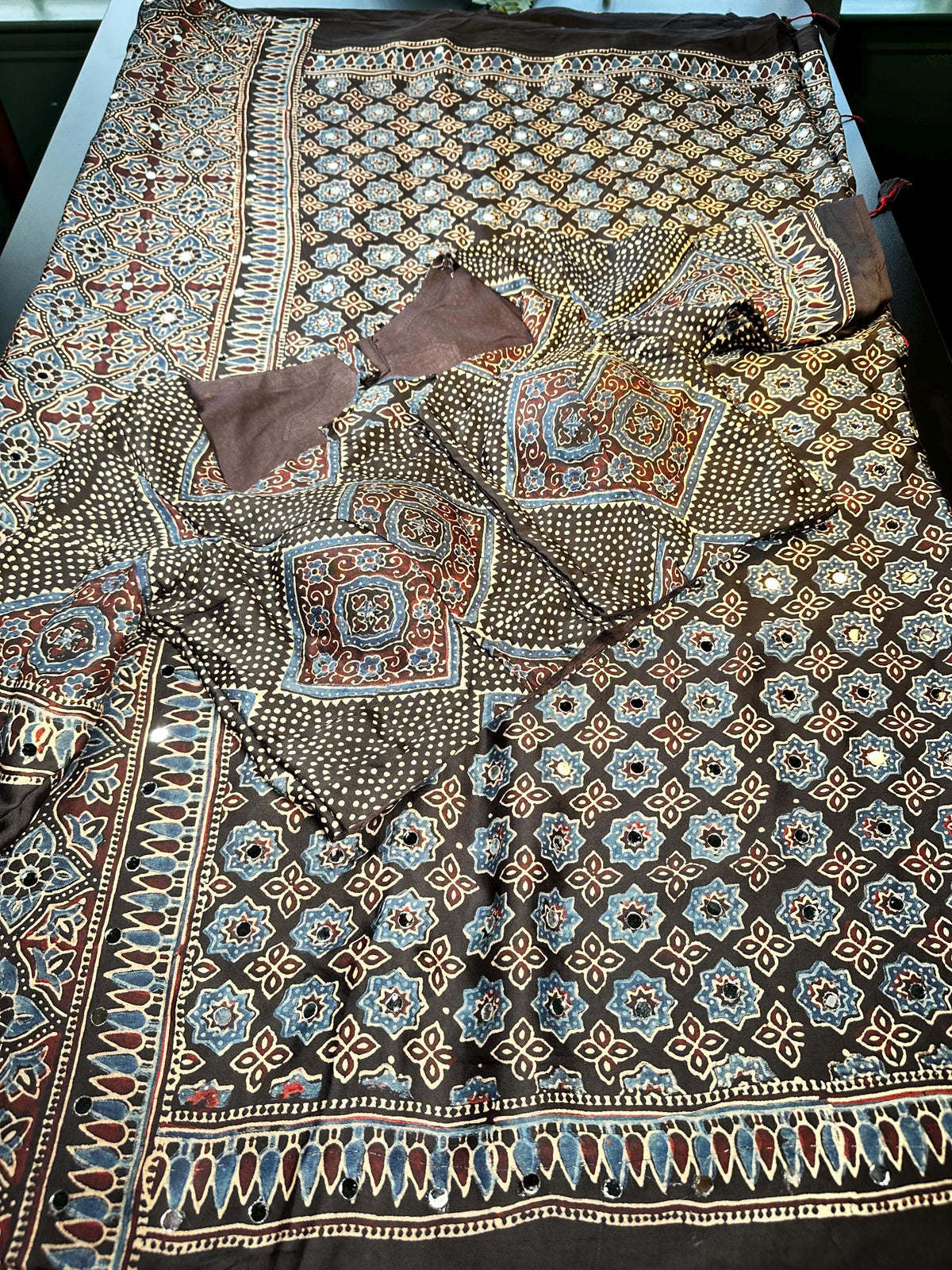 Pure Ajrakh Modal Silk Saree with Real Mirror Work Party wear | Hand Block Print Saree with Natural Dye | Stitched Blouse Ready to wear