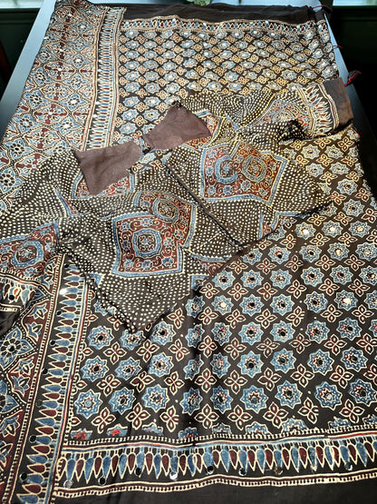 Pure Ajrakh Modal Silk Saree with Real Mirror Work Party wear | Hand Block Print Saree with Natural Dye | Stitched Blouse Ready to wear