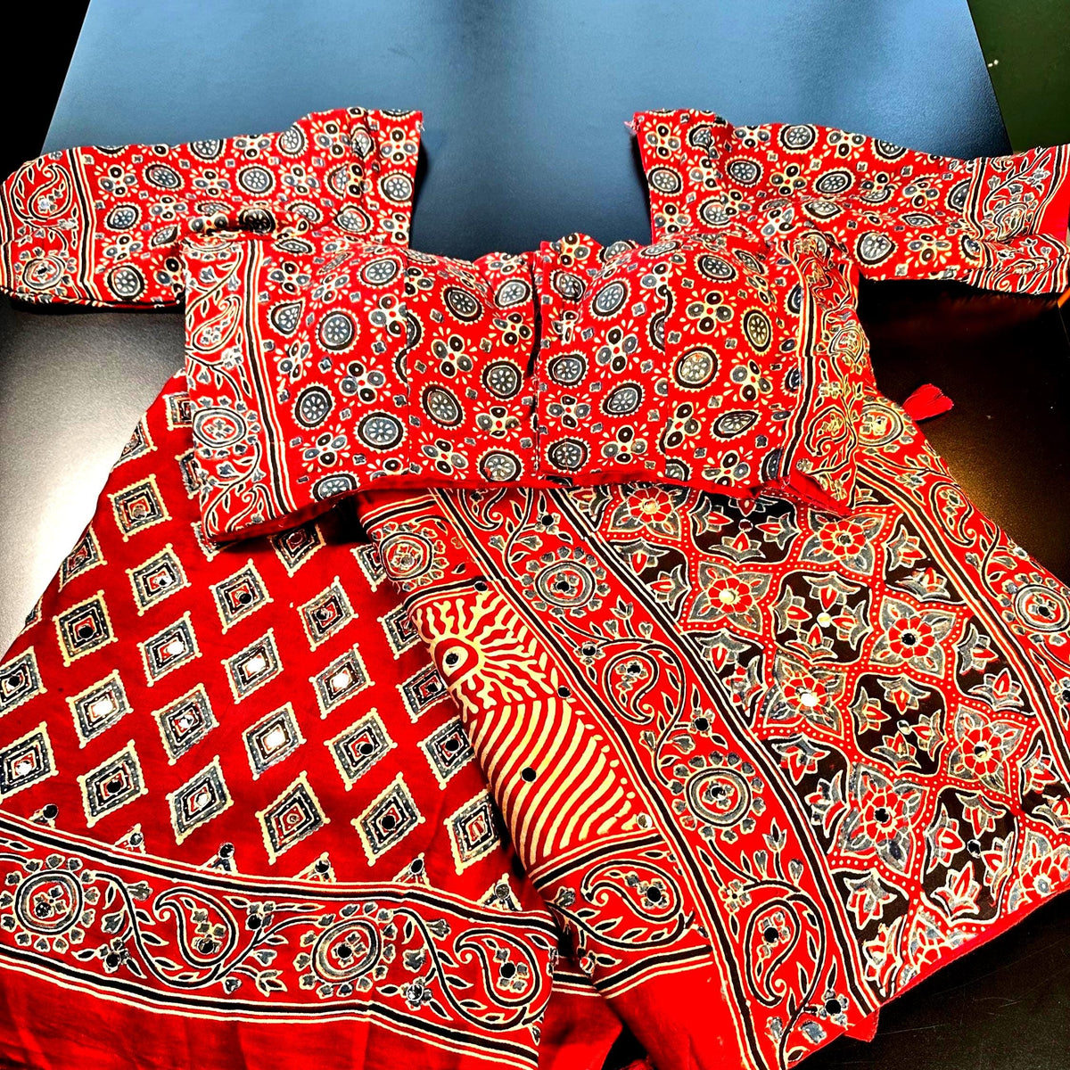 Handloom Pure Modal Silk Ajrakh Saree with Stitched Blouse with Mirror Work | Hand Block Print Ajrakh Saree