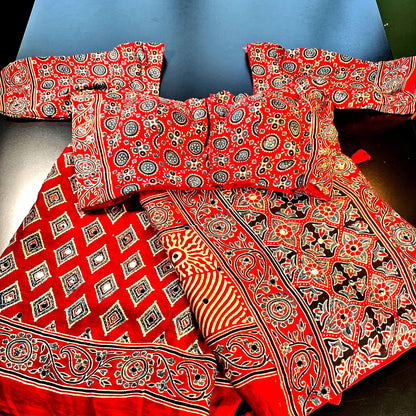 Handloom Pure Modal Silk Ajrakh Saree with Stitched Blouse with Mirror Work | Hand Block Print Ajrakh Saree