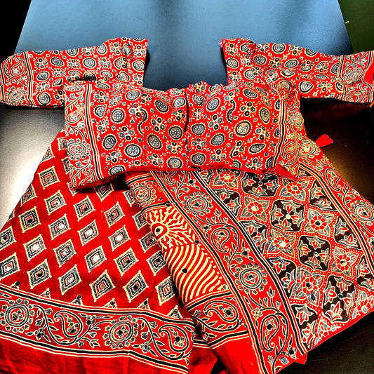 Handloom Pure Modal Silk Ajrakh Saree with Stitched Blouse with Mirror Work | Hand Block Print Ajrakh Saree