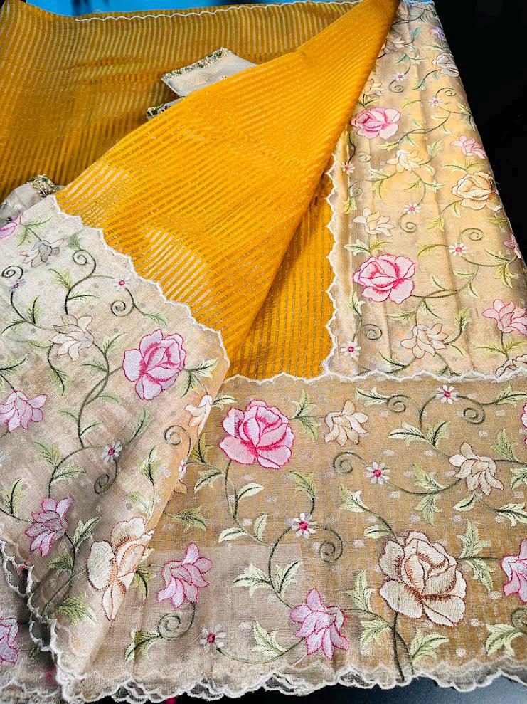 Handloom Pure Kora Tissue Silk Saree with Full Embroidery with Maggam Work Blouse