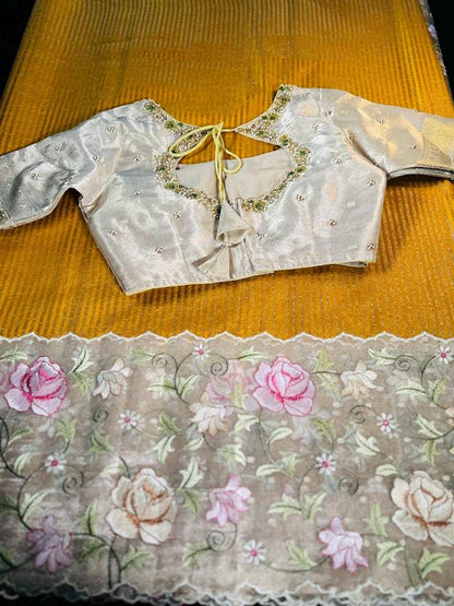 Handloom Pure Kora Tissue Silk Saree with Full Embroidery with Maggam Work Blouse