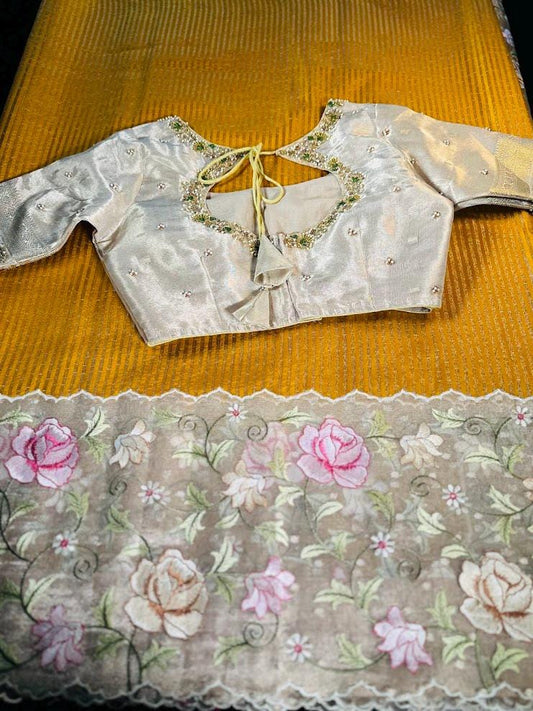 Handloom Pure Kora Tissue Silk Saree with Full Embroidery with Maggam Work Blouse