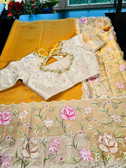 Handloom Pure Kora Tissue Silk Saree with Full Embroidery with Maggam Work Blouse