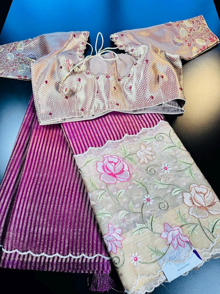 Handloom Pure Kora Tissue Silk Saree | Embroidered Saree with Maggam Work Blouse | Indian Wedding Saree | Party Wear Saree | Ships from USA