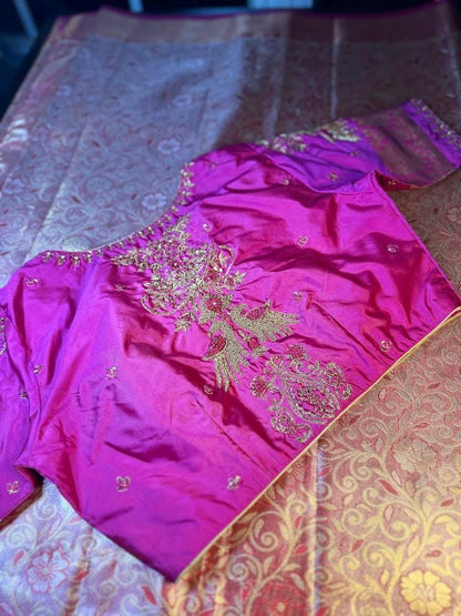 Kanjivaram Tissue Semi Silk Saree with Stitched Maggam Work Blouse |  Semi Kanchi pattu Indian Wedding Saree | Ships From USA