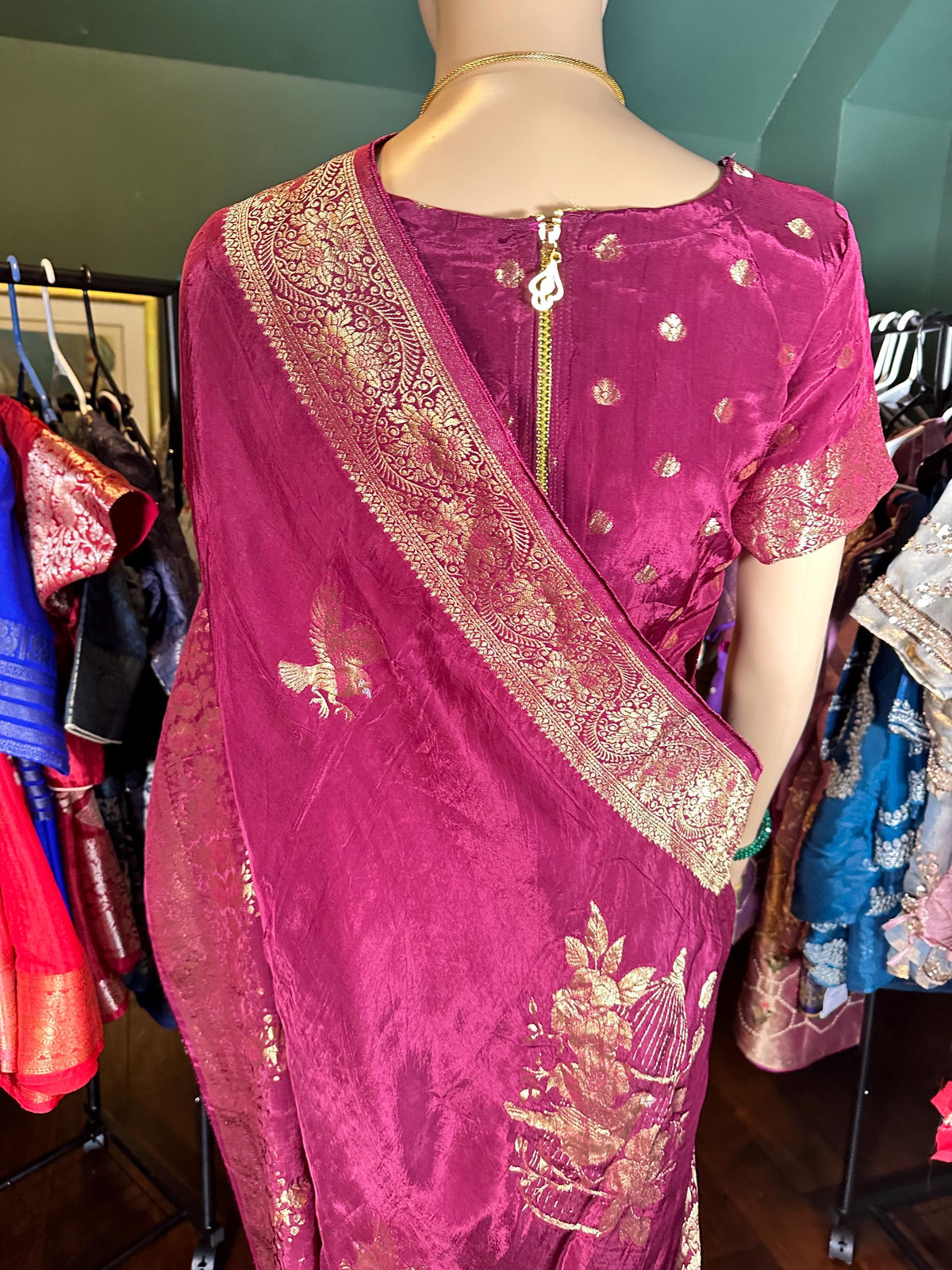 HO Crape Silk Saree with Weaving Pallu & Stitched Designer Collor Neck Blouse, Ready to wear. Dark Maroon Saree Shipping from USA