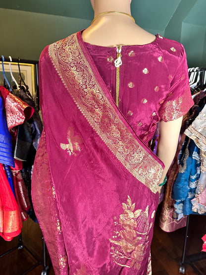 HO Crape Silk Saree with Weaving Pallu & Stitched Designer Collor Neck Blouse, Ready to wear. Dark Maroon Saree Shipping from USA