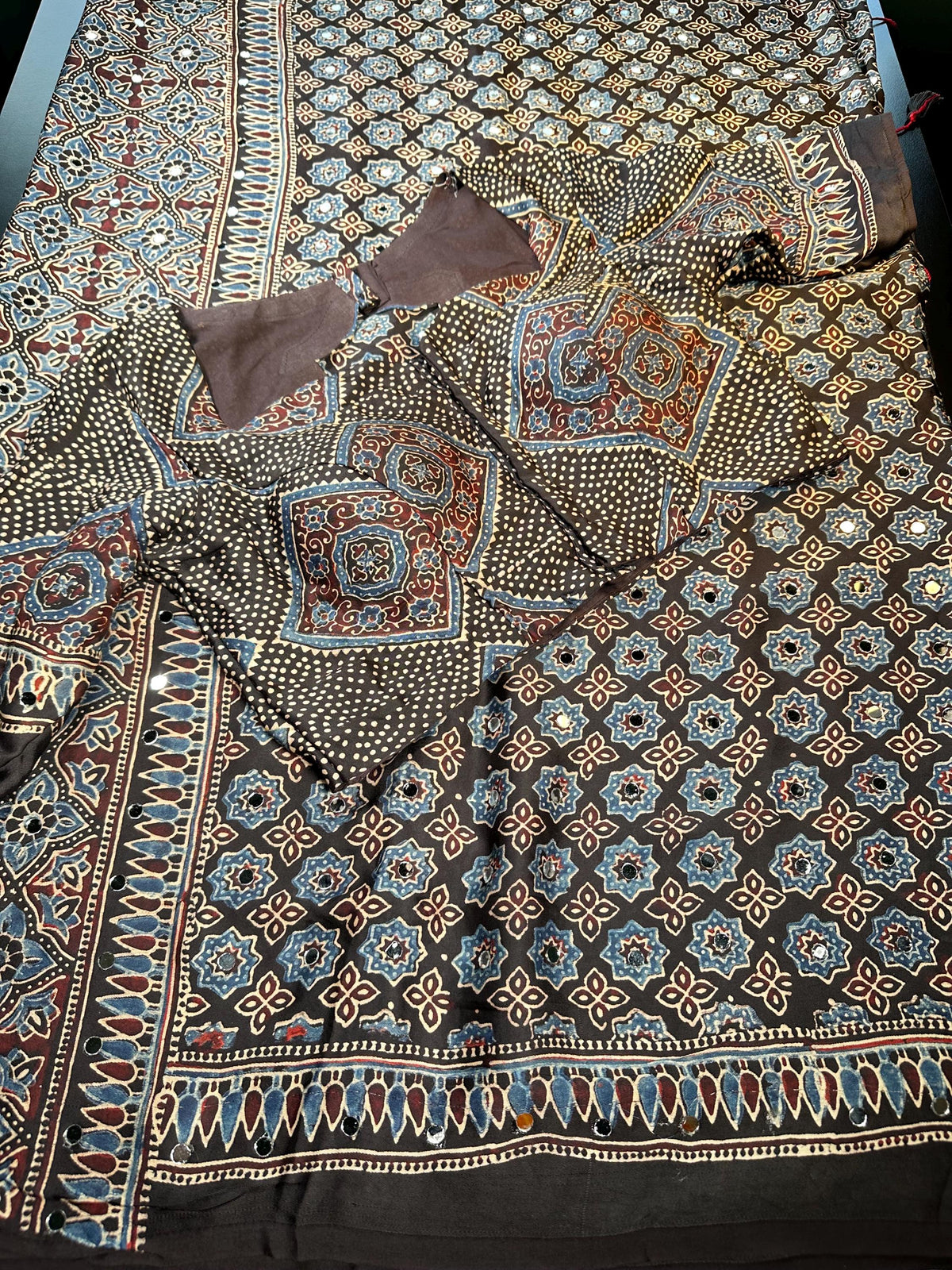 Pure Ajrakh Modal Silk Saree with Real Mirror Work Party wear | Hand Block Print Saree with Natural Dye | Stitched Blouse Ready to wear