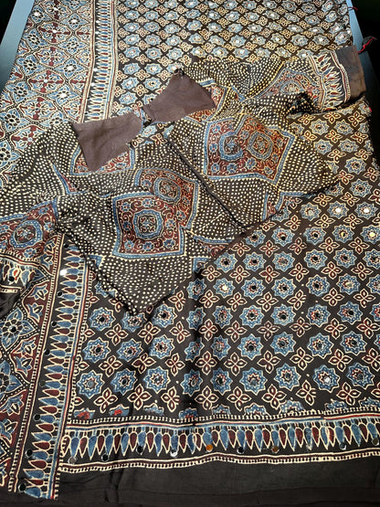 Pure Ajrakh Modal Silk Saree with Real Mirror Work Party wear | Hand Block Print Saree with Natural Dye | Stitched Blouse Ready to wear