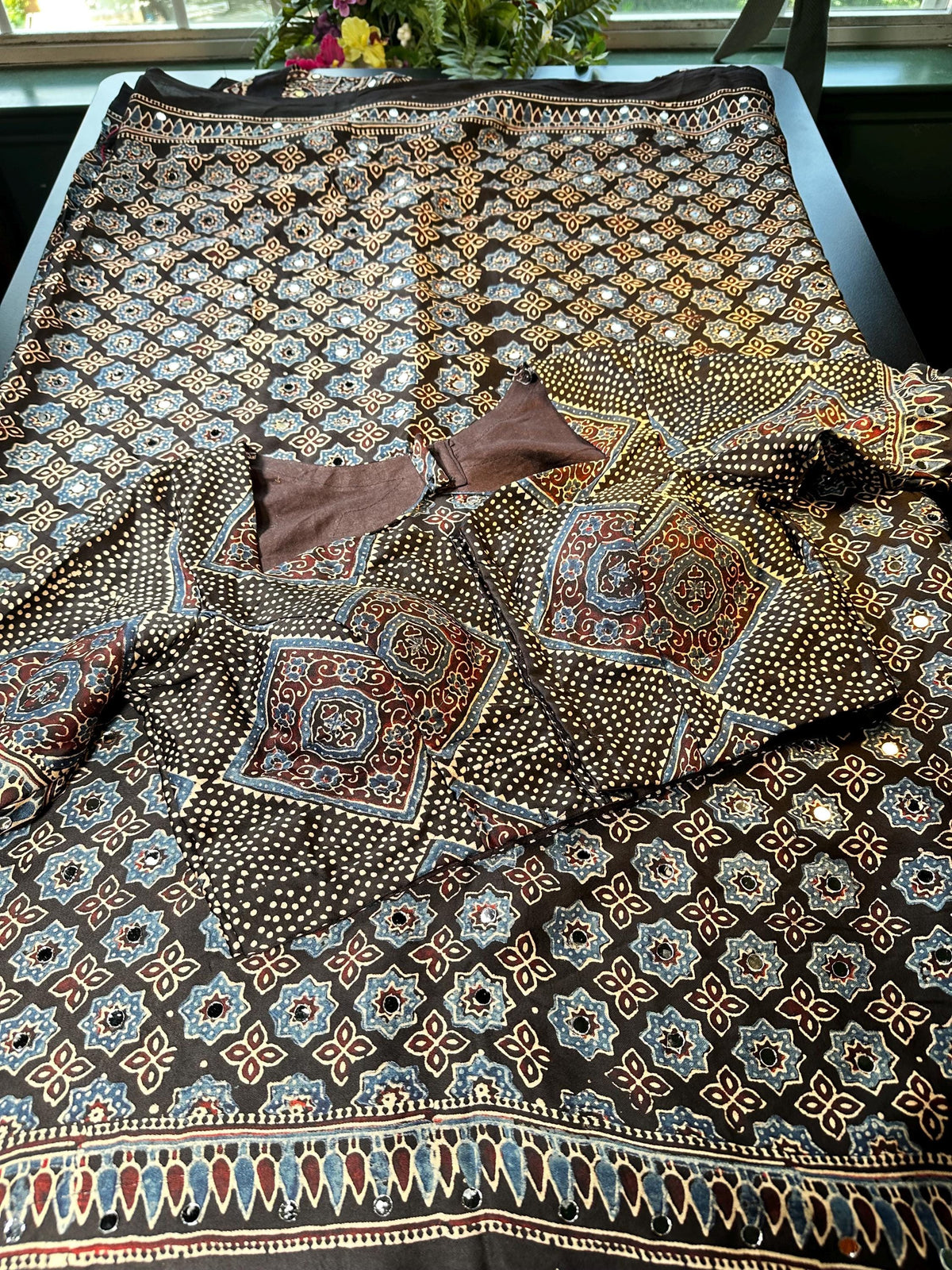 Pure Ajrakh Modal Silk Saree with Real Mirror Work Party wear | Hand Block Print Saree with Natural Dye | Stitched Blouse Ready to wear
