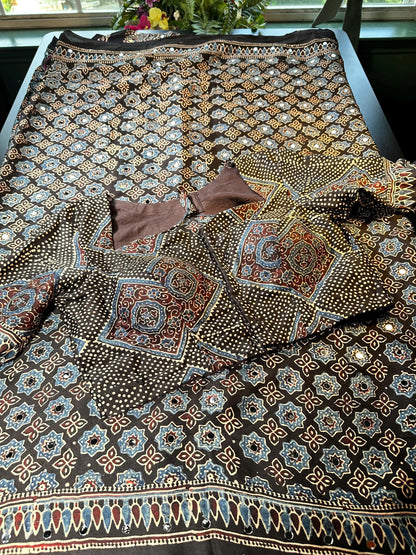Pure Ajrakh Modal Silk Saree with Real Mirror Work Party wear | Hand Block Print Saree with Natural Dye | Stitched Blouse Ready to wear