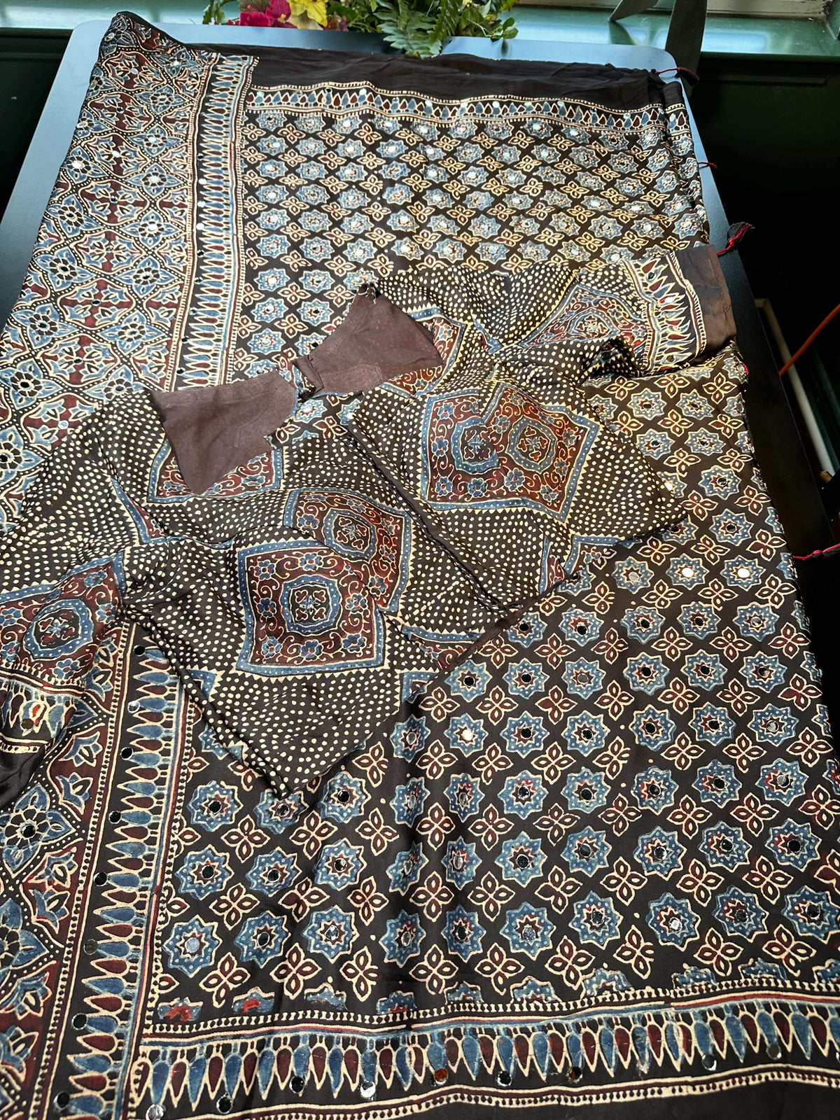 Pure Ajrakh Modal Silk Saree with Real Mirror Work Party wear | Hand Block Print Saree with Natural Dye | Stitched Blouse Ready to wear