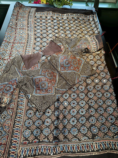 Pure Ajrakh Modal Silk Saree with Real Mirror Work Party wear | Hand Block Print Saree with Natural Dye | Stitched Blouse Ready to wear
