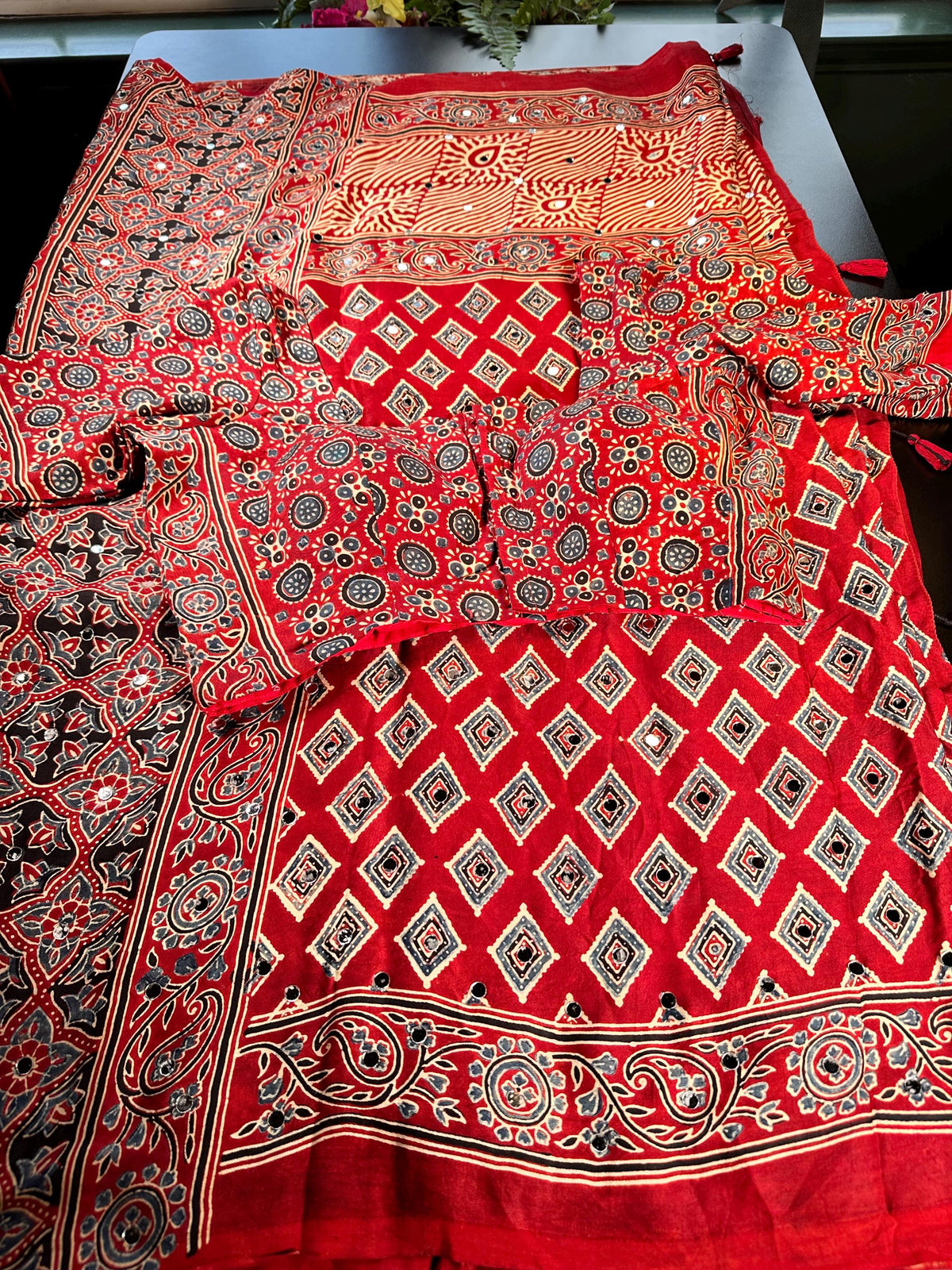 Handloom Pure Modal Silk Ajrakh Saree with Stitched Blouse with Mirror Work | Hand Block Print Ajrakh Saree