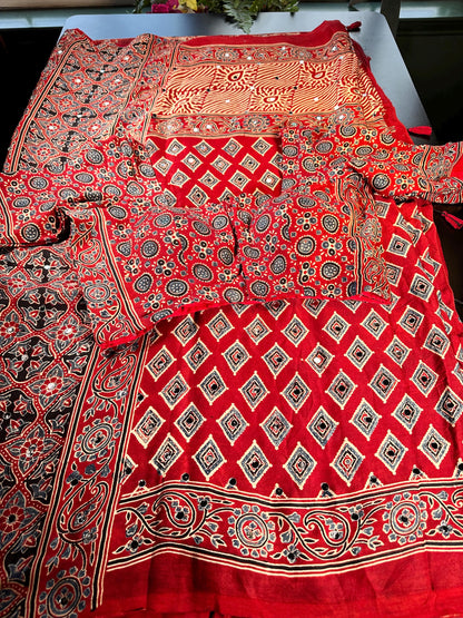 Handloom Pure Modal Silk Ajrakh Saree with Stitched Blouse with Mirror Work | Hand Block Print Ajrakh Saree