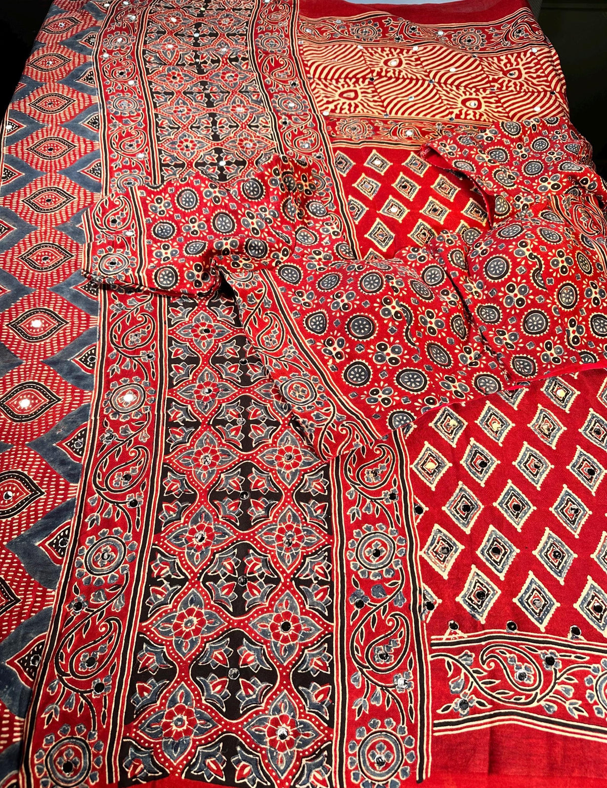 Handloom Pure Modal Silk Ajrakh Saree with Stitched Blouse with Mirror Work | Hand Block Print Ajrakh Saree