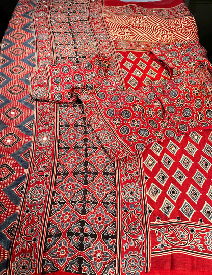 Handloom Pure Modal Silk Ajrakh Saree with Stitched Blouse with Mirror Work | Hand Block Print Ajrakh Saree