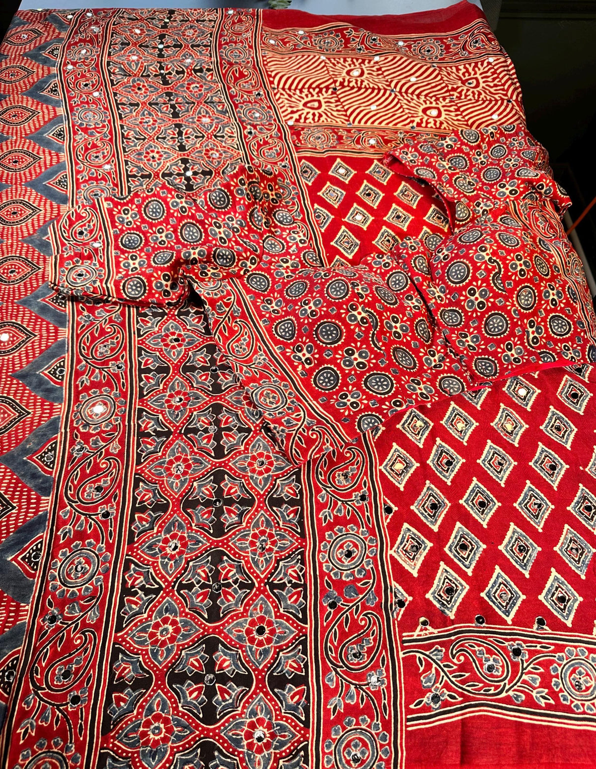 Handloom Pure Modal Silk Ajrakh Saree with Stitched Blouse with Mirror Work | Hand Block Print Ajrakh Saree