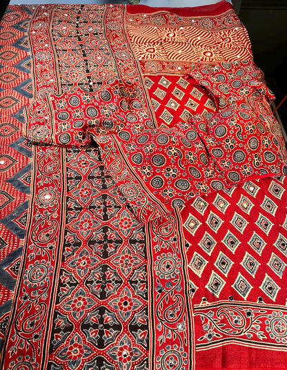 Handloom Pure Modal Silk Ajrakh Saree with Stitched Blouse with Mirror Work | Hand Block Print Ajrakh Saree