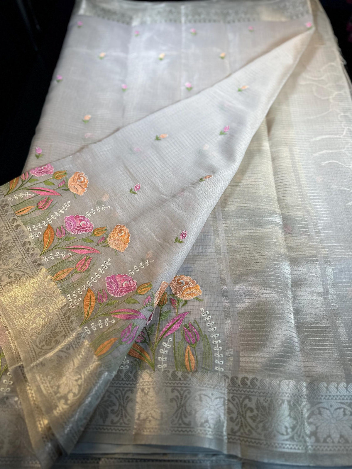 Elegant Ready to Wear Tissue Kota Silk Party Wear Festive Saree with Stitched Blouse Banarasi Style Border Embroidery Work