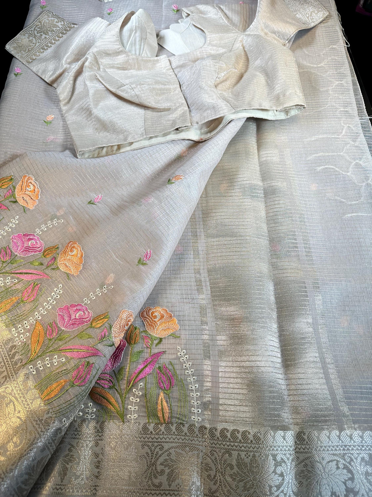Elegant Ready to Wear Tissue Kota Silk Party Wear Festive Saree with Stitched Blouse Banarasi Style Border Embroidery Work