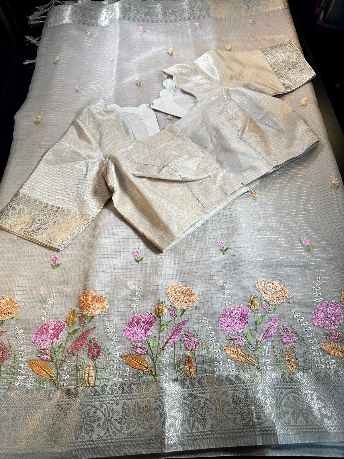 Elegant Ready to Wear Tissue Kota Silk Party Wear Festive Saree with Stitched Blouse Banarasi Style Border Embroidery Work