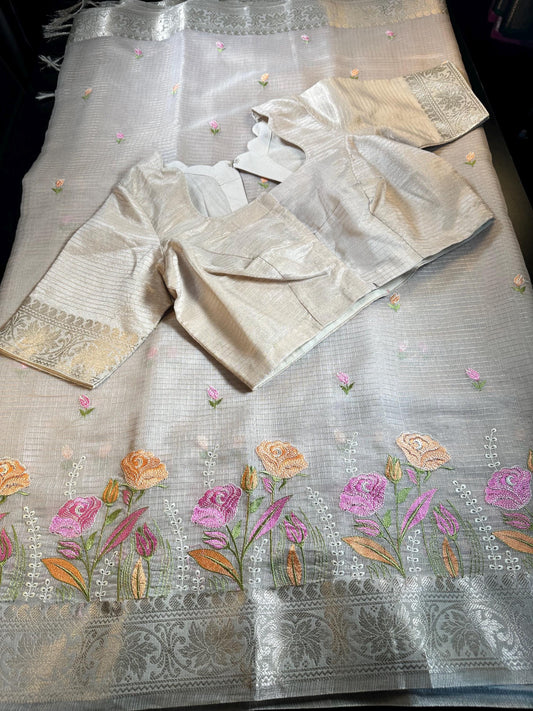 Elegant Ready to Wear Tissue Kota Silk Party Wear Festive Saree with Stitched Blouse Banarasi Style Border Embroidery Work