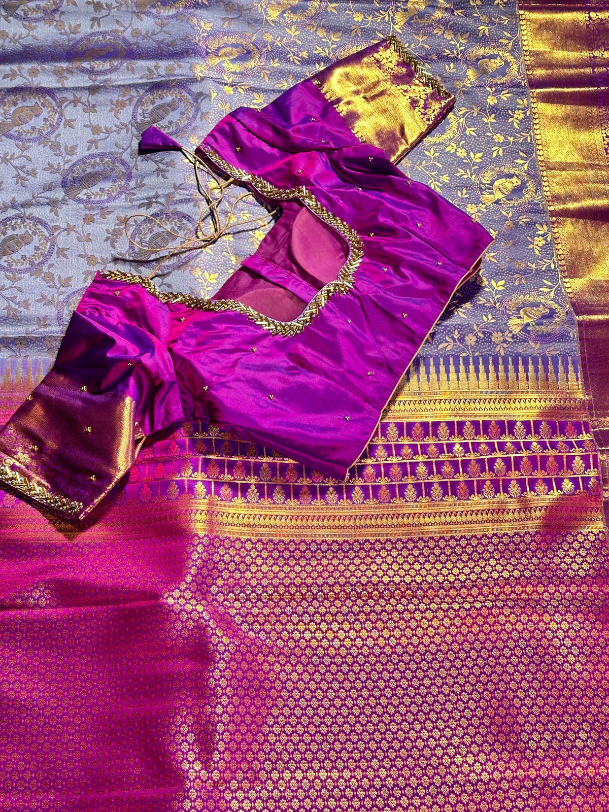 Kanjivaram Premium Silk Saree with stitched maggam work blouse. Partywear, Wedding Wear Saree, Shipping from USA