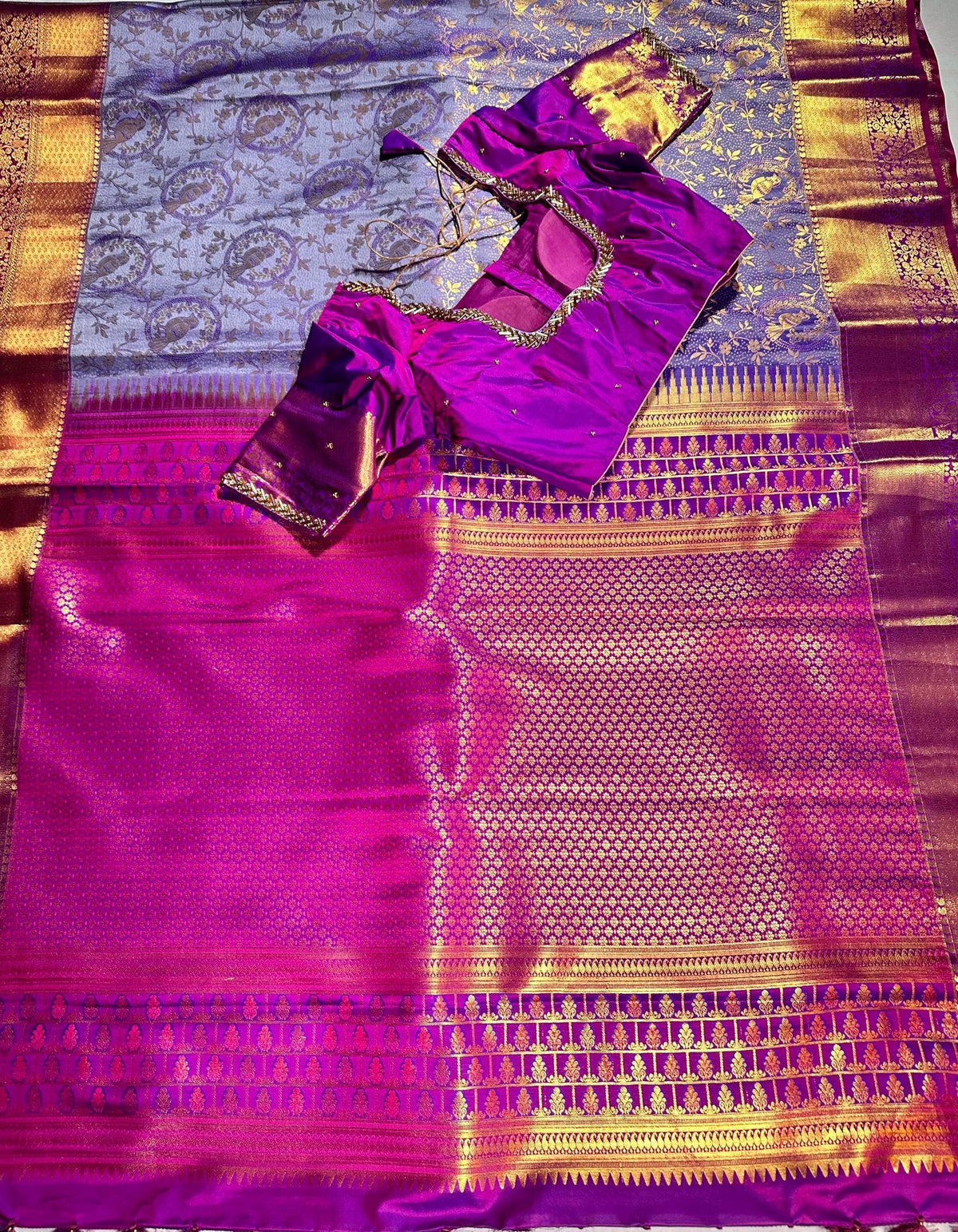 Kanjivaram Premium Silk Saree with stitched maggam work blouse. Partywear, Wedding Wear Saree, Shipping from USA
