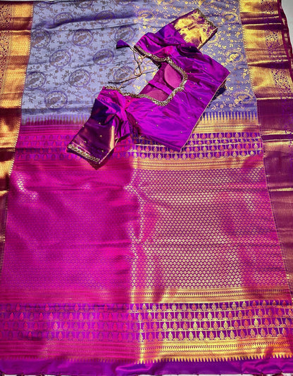 Kanjivaram Premium Silk Saree with stitched maggam work blouse. Partywear, Wedding Wear Saree, Shipping from USA