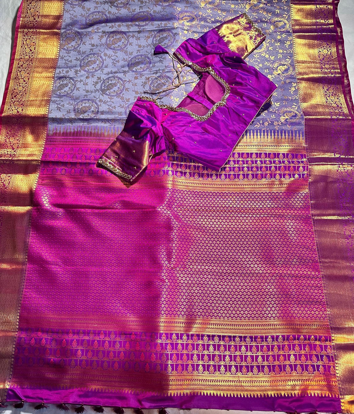 Kanjivaram Premium Silk Saree with stitched maggam work blouse. Partywear, Wedding Wear Saree, Shipping from USA