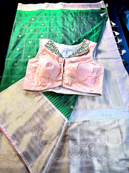Gadwal Premium Semi Silk Saree with Maggam Work Sleeveless Blouse, Ready-to-wear, USA Shipping, Partywear, Wedding Wear Saree.